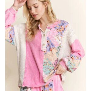 J4 J. Her Bubble Gum Pink Mineral Washed Floral Waveknit Jacquard Boho top